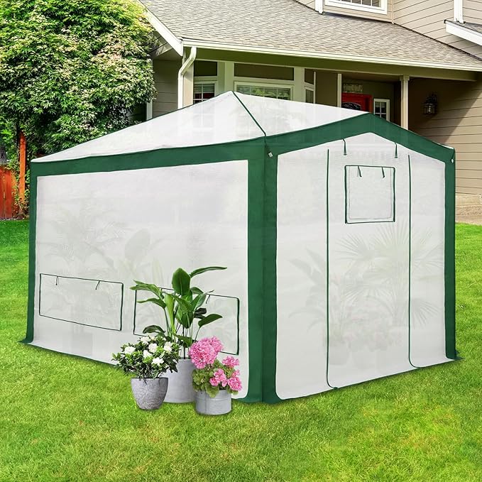 EAGLE PEAK 12x8 Portable Walk in Greenhouse with Polyester Reinforced Corners, Instant Pop up Indoor Outdoor Gardening Green House, Roll Up Zipper Doors Mesh Windows & Winter Support Pole, Green/White
