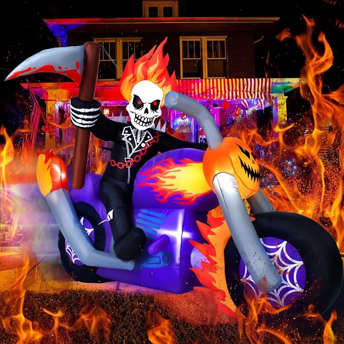 6 FT Halloween Inflatable Grim Reaper Motorcycle Rider Scary Halloween Blow Up Outdoor Decorations Grim Reaper Riding on Motorbike with Built-in LEDs Garden Blow up Yard Decor