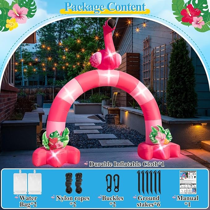 Eyourlife 12FT Pink Flamingo Inflatable Arch,Giant Fall Inflatable Flamingo Outdoor Decor,Blow-Up Flamingo with 1Blower 6LED Lights and 2Hawaiian Leis for Summer Yard Garden Birthday Luau Beach Party