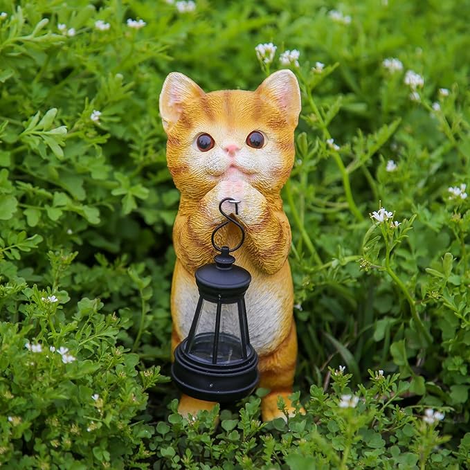 Solar Cat Garden Statue - Adorable Orange Tabby Figurine with Vintage Lantern for Outdoor Decor