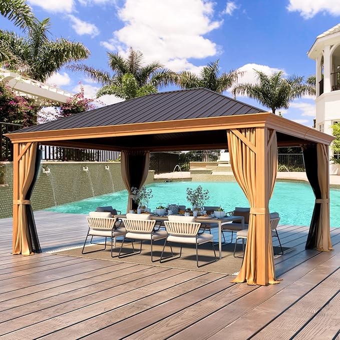 YOLENY 12' x 16' Hardtop Gazebo, Wood Looking Gazebo with Aluminum Frame and Single Galvanized Steel Roof, Outdoor Permanent Metal Pavilion with Curtains and Nettings for Deck, Backyard and Patio
