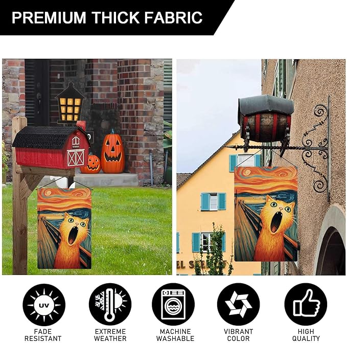 Screaming Orange Cat Garden Flag The Scream Halloween Garden Flag Vertical Double Sided Rustic Farmland Burlap Yard Lawn Outdoor Decor 12.5x18"