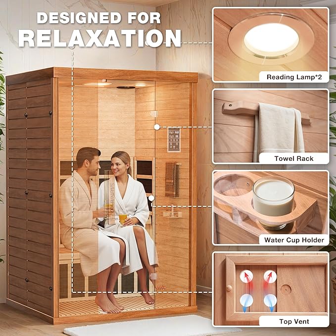 2- Person Infrared Sauna, Remotely Controllable Indoor Sauna, Low EMF 1500W/120V LCD Heater, WiFi & BT Control, 9-Color Light Therapy, Safe Flame-Retardant Material, Wood