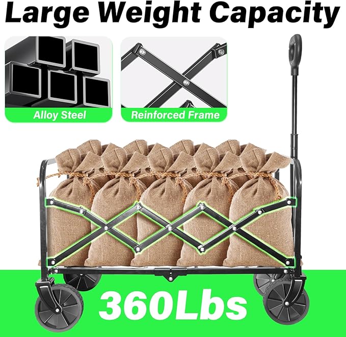 Wagons Carts Foldable - 360Lbs Collapsible Folding Wagon - Wagon Cart with Wheels Portable for Sports, Camping, Storage, Travel, Shopping