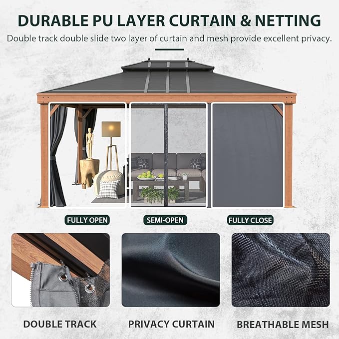 YOLENY 12'x16' Gazebo Wood Grain Aluminum Frame Hardtop Gazebos with Galvanized Steel Roof, Curtains and Nettings for Backyard,Patio and Garden