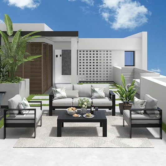 Solaste Aluminum Patio Furniture Set, 5 Seats Modern Outdoor Conversation Set Sectional Sofa with Upgrade Cushion and Coffee Table,Black Frame and Grey Cushion