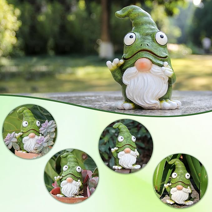 Outdoor Garden Frog Gnome Statue, Garden Gnomes Outdoor Figurine, Sculptures & Statues, Decoration for Outside Yard Lawn Patio Porch Home Decor, Green Nomes Knome Ornament