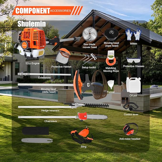 Gas Weed Eater, 52cc 2 Stroke Weed Wacker 6 in 1 Lawn Mover Include String Trimmer Brush Cutter Pole Saw Hedge Trimmer for Yard Garden Care 9500rpm 3000r/min Engine Speed 120cc Oil Tank Orange