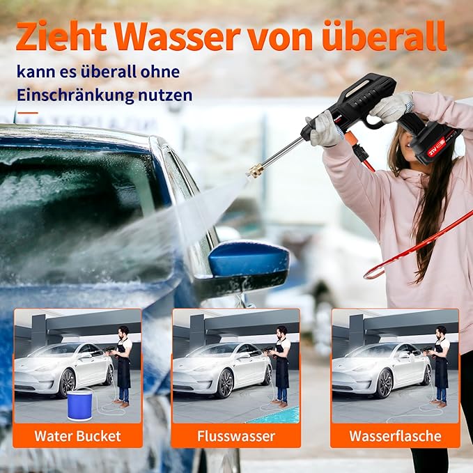 Hidrolavadora Portati, 1500W Cordless Pressure Washer Gun, 60Bar/870 PSI Cordless Portable Pressure Washer with 2 Battery, 2 Nozzles, 5m Hose Cordless Jet Washers, for Cars/Floors/Gardens