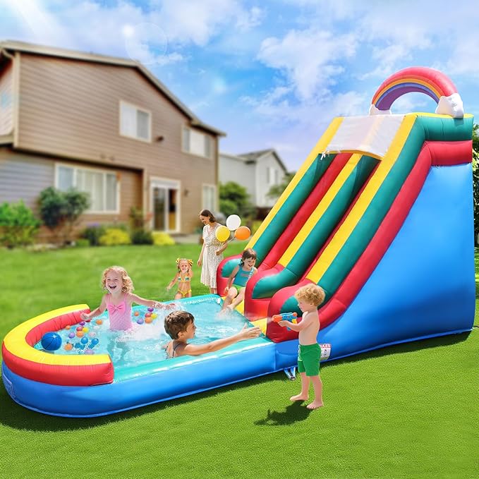 Inflatable Water Slide for Adults, 21FT 100% PVC Waterslide with Big Splash Pool, Widen Slide with Shallow Pool, 750W Air Blower, Ideal for Backyard, Park (Color Arc)