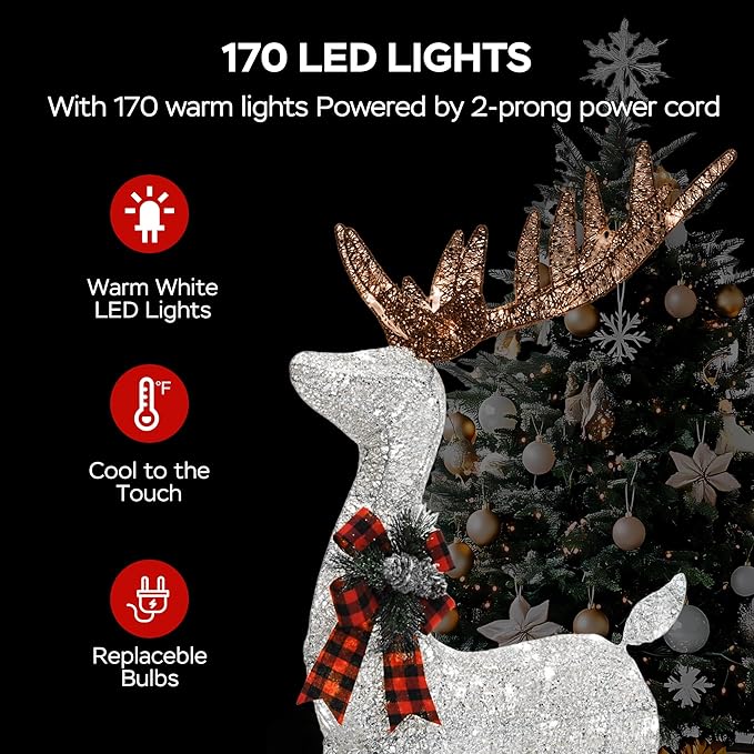 Outdoor Lighted Reindeer with Sleigh Christmas Decors, 3D Deer & Santa Sleigh Holiday Yard Decorations with 170 Warm White LEDs, Garden, Lawn Winter Displays, 2-Piece Set, Silver & Brwon