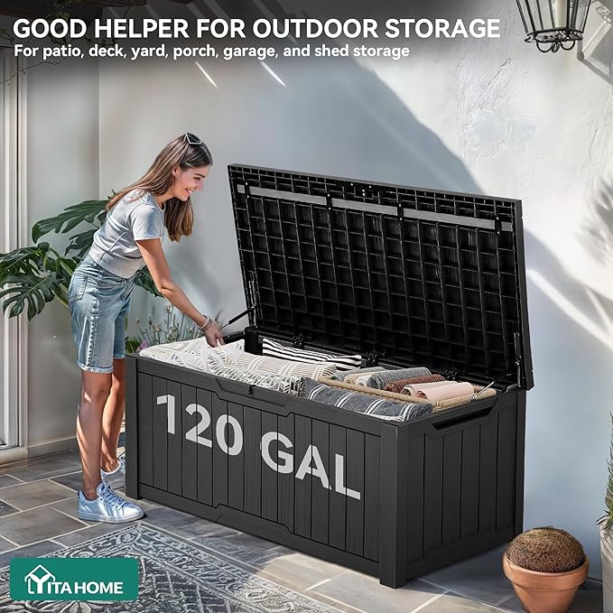 YITAHOME Outdoor Storage Box, 120 Gallon Waterproof Deck Box for Garden Tools, Patio Cushions, and Pool Accessories, Lockable, Easy Assembly, Versatile Bench or Table (Black)