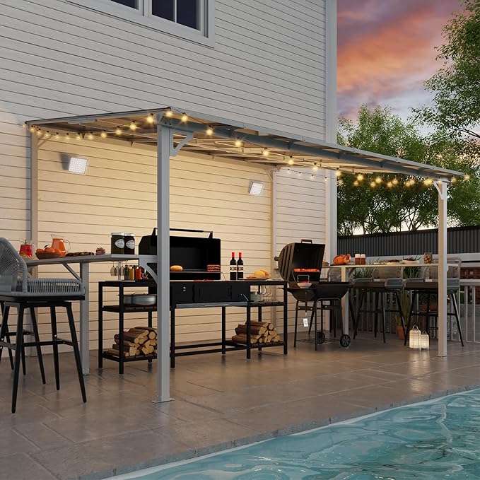 MEISSALIVVE 10' x 12' Wall Mounted Gazebo, Outdoor BBQ Grill Gazebo with Side Shelf, Lean to Metal Awnings with Sloped Roof, Heavy Duty Pergola for Backyard, Deck, White
