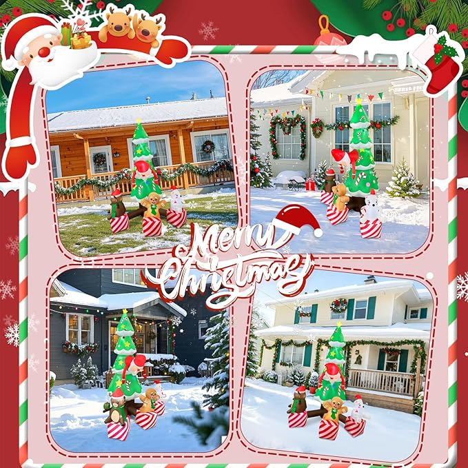 2025 Inflatable Christamas Tree 8FT Christmas Tree nflatables Combined with Santa Claus and Friends Christamas Tree Blow Up Outdoor Yard Decor Built-in 9 LEDs for Party Yard Garden Lawn