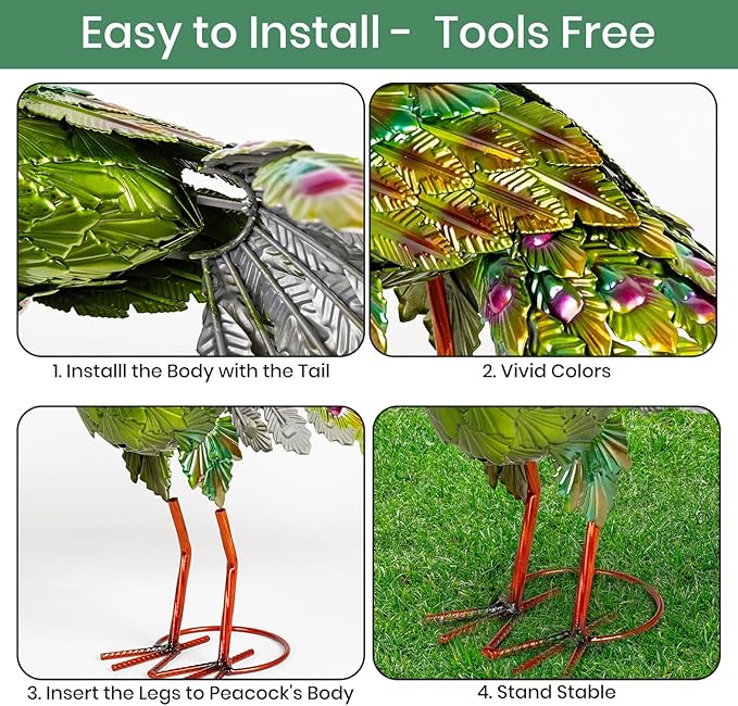 Peacock Yard Art Garden Decor Metal Peacock Outdoor Statue & Sculpture for Patio Lawn Backyard Outside Decorations Vibrant Multicolor, Green