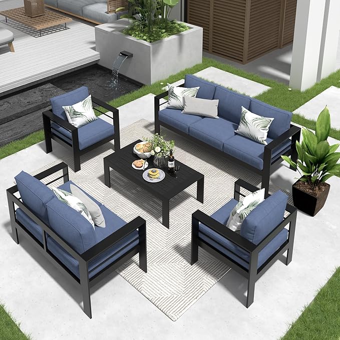 Solaste Aluminum Patio Furniture Set for All Weather, Modern Metal Outdoor Furniture Set with 27.5" Deep Seating and 3.2" Wide Armrest, Outdoor Patio Conversation Set with 5" Cushion, Black and Blue