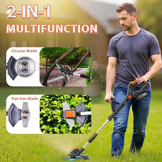 Electric Weed Wacker Cordless,24V Weed Cordless Eater Battery Powered,Weed Cutter with 2Pcs 4.0Ah Batteries,1300W Motor,2 Types Blades,Grass/String Trimmer Lawn for Yard and Garden