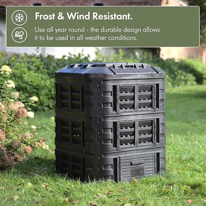 VonHaus Compost Bin for Garden 360L – Composter with Slatted Design for Aeration, Rainwater Collection, Side Flap & Lid – Outdoor Compost Converter – Frost & UV Resistant - Black