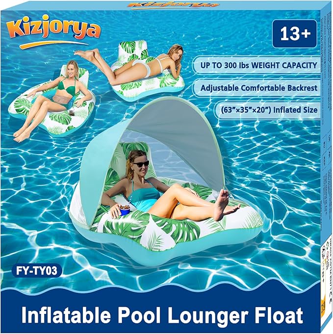 【Upgraded】 Pool Floats Adult with Canopy, XL Inflatable Pool Floaties for Adults Heavy Duty, Pool Chair and Lounge for Swimming in Pool Beach Lake, Float for Pool Floating with Cup Holder, Backrest
