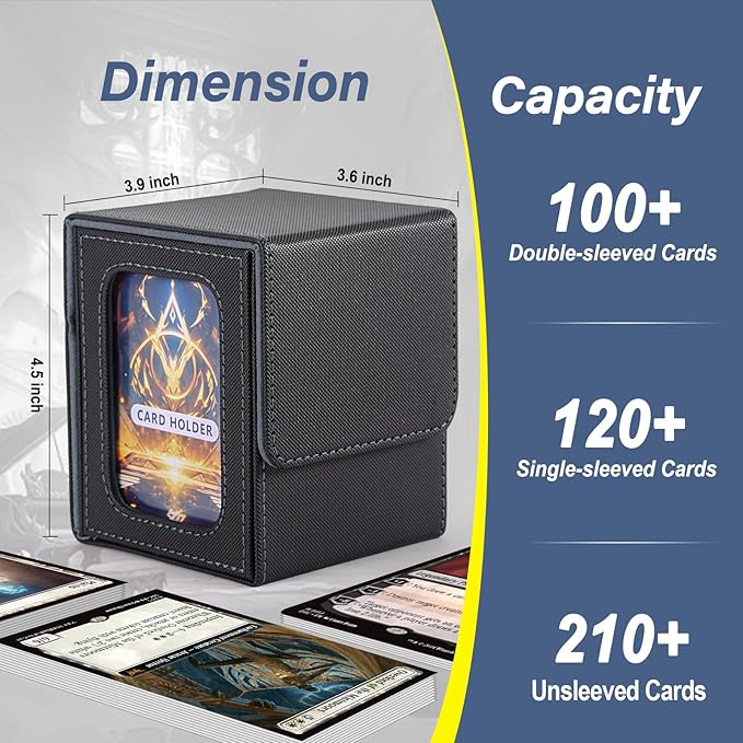MTG Deck Box, Double Display Window MTG, Commander Deck Box Fits 120+ Single Sleeved Cards, PU Leather Magnetic Closure Card Box with 2 Dividers&2 Toploaders for TCG, CCG, Black/Grey