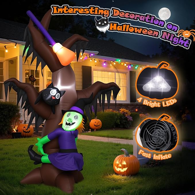 8FT Halloween Inflatables Witch Climbing Dead Tree with Cat & Broomstick, Large Blow Up Yard Decorations, Self-Inflating Spooky Outdoor Halloween Inflatable for Parties, Garden, Lawn