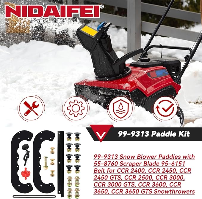 99-9313 Snow Blower Paddles with 55-8760 Scraper 95-6151 Belt Replaces 125-1128 55-9250 55-9251 559252 880771 for Toro Power Clear CCR2000 CCR2400 CCR2500 CCR3000 CCR3600 CCR3650 Snowthrowers