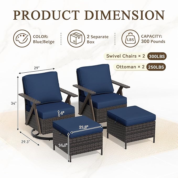 Outdoor Swivel Rocker Chairs Set of 4, Wicker Swivel Patio Chair with Ottomans, Patio Furniture Set for Outside Backyard