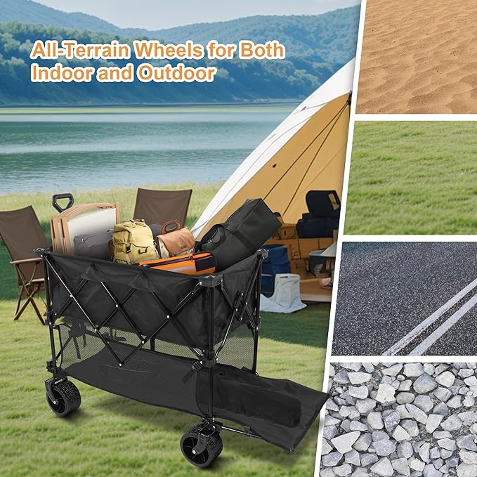 Collapsible Foldable Camping Wagon, Extra Large Capacity 480LBS Utility Cart, All Terrain Heavy Duty Beach Cart with Wheels & Storage Pockets, Portable Wagon for Outdoor Shopping Picnics