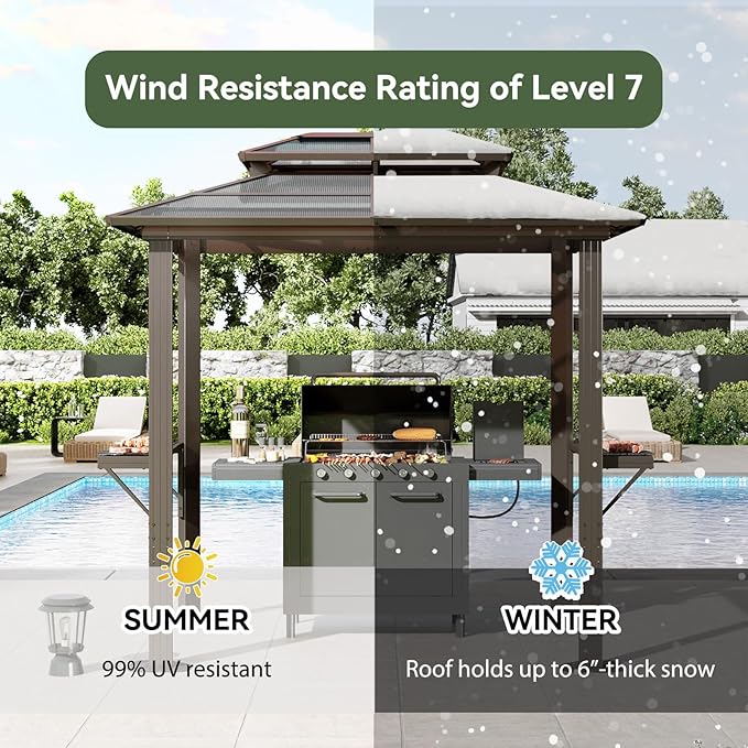 Aoxun 8'x5' Hardtop Grill Gazebo, Outdoor Barbecue Gazebo with Double Polycarbonate Top & 2 Side Shelves & Hooks, Aluminum Grill Canopy for Patio, Lawn, Garden (Brown)