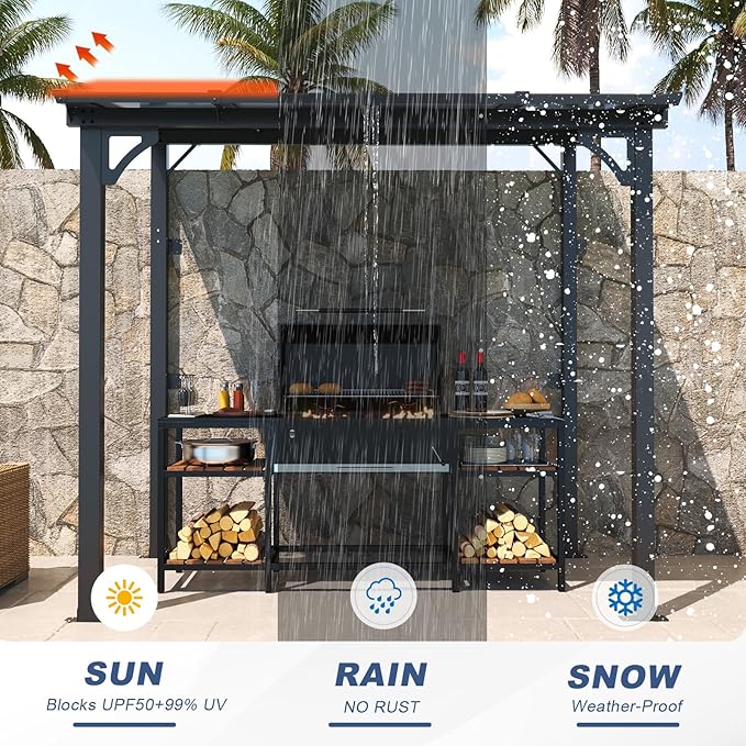 MEISSALIVVE 8' x 5' Gazebo Outdoor Pergola for Patio, Small Wall Mounted Lean to Metal Awnings with Sloped Roof, Heavy Duty Awnings for Patio, Decks, Backyard, Black