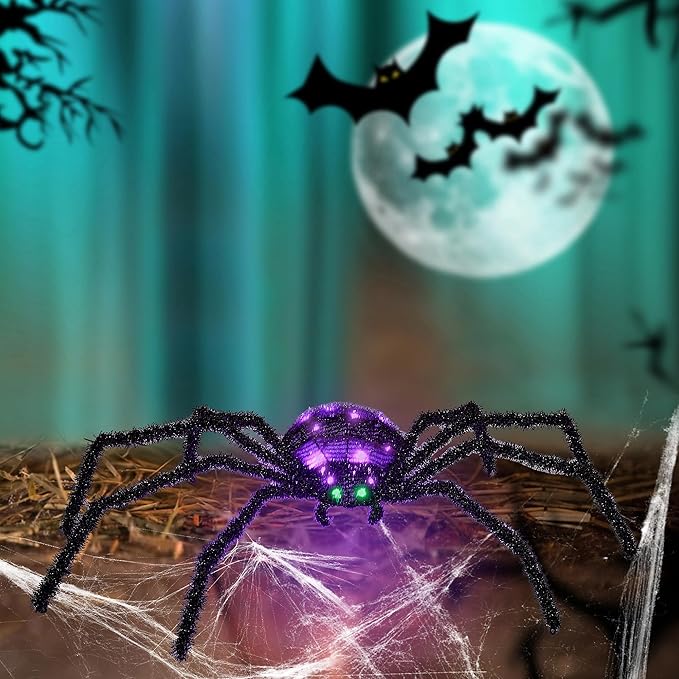 2 Pack 2.5Ft Giant Spider Halloween Decorations Outdoor 30" Light Up Spider with 30 LED Lights for Front Yard, Porch, Garden, Lawn, Halloween Party (Purple)