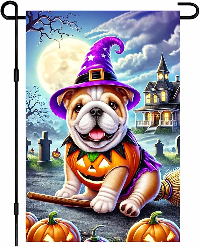 Halloween Pug Garden Flag, Scary Dog in Witch Hat and Pumpkin Costume, 12x18" Double Sided Small Halloween Flag Outdoor Yard Lawn Decoration