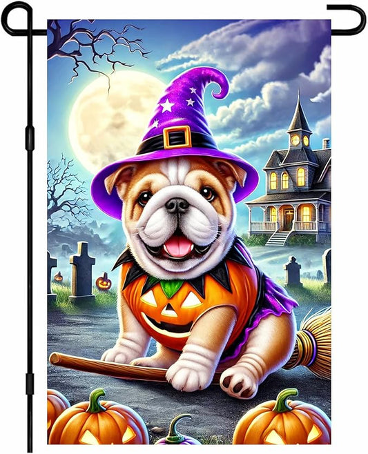 Halloween Pug Garden Flag, Scary Dog in Witch Hat and Pumpkin Costume, 12x18" Double Sided Small Halloween Flag Outdoor Yard Lawn Decoration