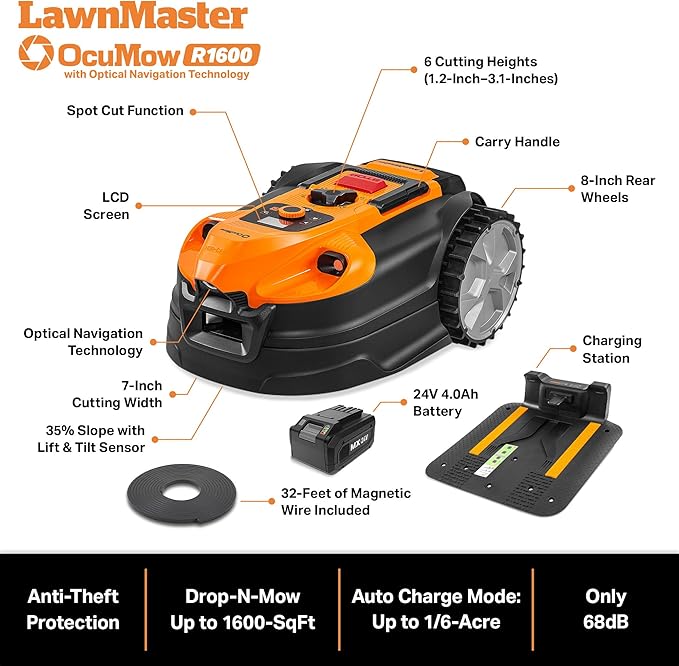 LawnMaster OcuMow™ VBRM701YAMIDR Perimeter Wire Free Robot Lawn Mower Cuts 1/6 Acre Optical Navigation,Obstacle Avoidance Auto-Charging Station, No Go Function, WiFi & Bluetooth Connection APP Control