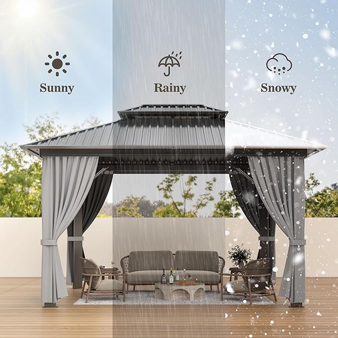 WKM 10x12 FT Hardtop Gazebo with Heavy Duty Galvanized Steel Double Roof, Aluminum Frame Permanent Pavilion with Curtains and Netting, Outside Canopy Gazebo for Patio, Deck and Backyard, Grey