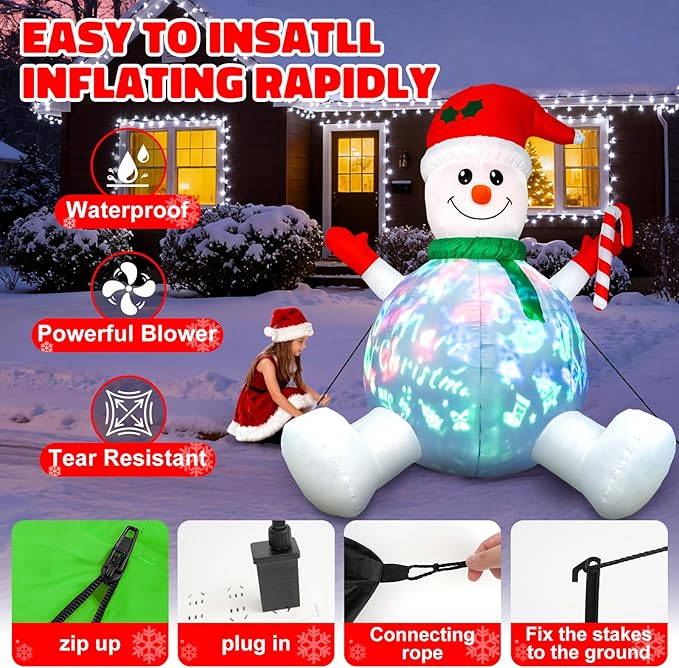 HFO 6ft Tall Christmas Inflatable Outdoor Decorations, Blow up Yard Decor with Christmas Snowman Sang Along with The Music Projection, Bright LED Lights Holiday Outdoor Decorations