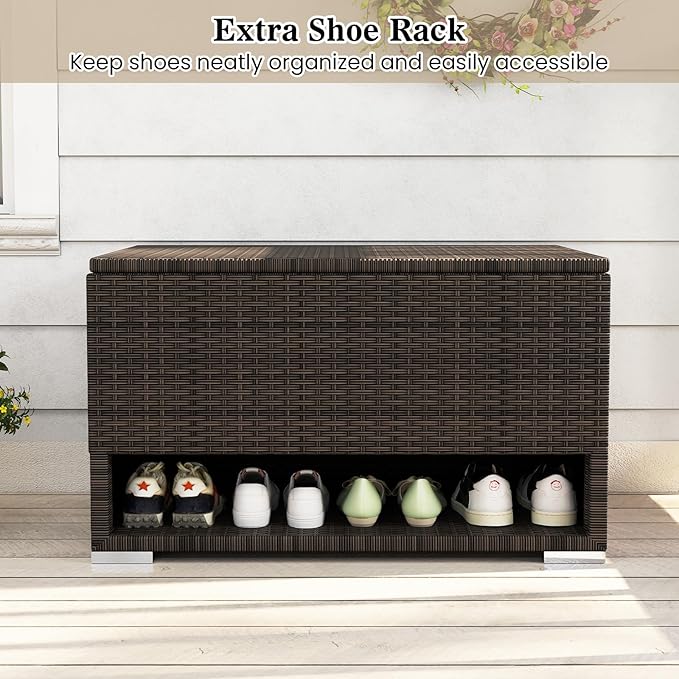 Tangkula 48 Gallon Rattan Outdoor Storage Box with Shoe Rack, Outdoor Storage Bin with Protective Liner, PE Wicker Deck Box for Patio Cushion Furniture, Pool Supplies and Garden Tools (48 Gallon)