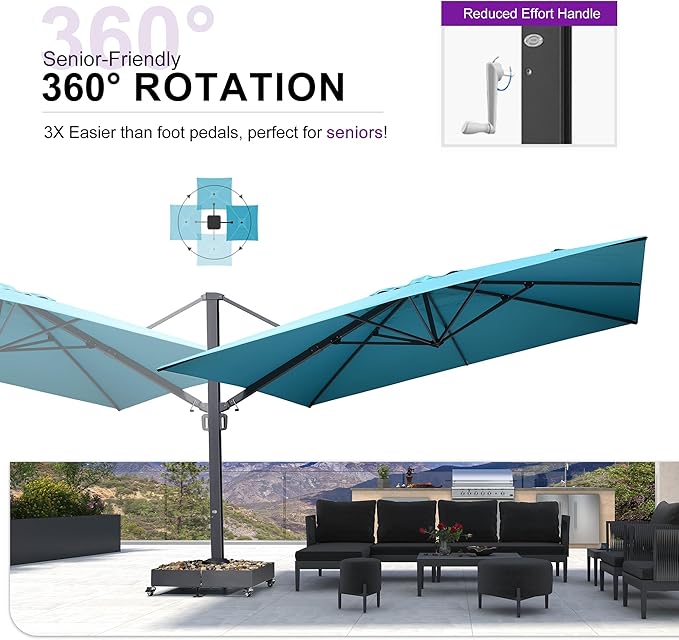 PURPLE LEAF 13 FT Square Patio Umbrella Large Cantilever Outdoor Aluminum Offset Umbrella with 360-degree Rotation for Garden Deck Backyard Pool Turquiose Blue