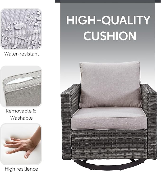 Outdoor Swivel Rocker Chairs - 5 Piece Patio Bistro Set Wicker Patio Rocking Chairs Set with Side Table and Ottomans, 360° Swivel Glider Proch Furniture for Balcony Deck - Grey/Beige