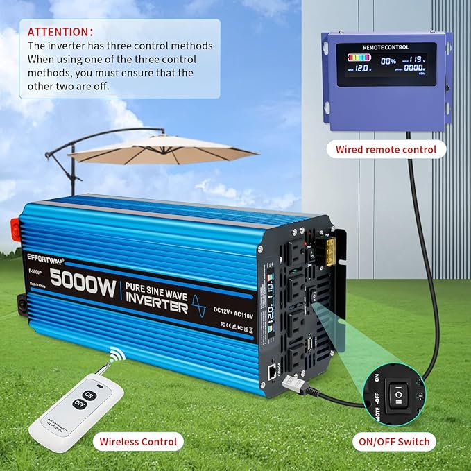 5000W Pure sine Wave Inverter DC 12V to AC 110V/120V Converter 10000w (Peak) with LCD Display Wireless/Wired Remote Control 4AC outlets 4USB and Hardwired AC.Ideal for RV Travel Off-Grid Solar Systems