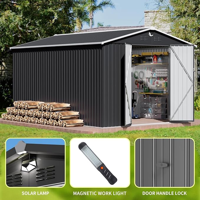 10x14 FT Outdoor Storage Shed, Metal Shed with Lockable Door, Large Heavy Duty Tool Sheds, Outside Waterproof Storage Building