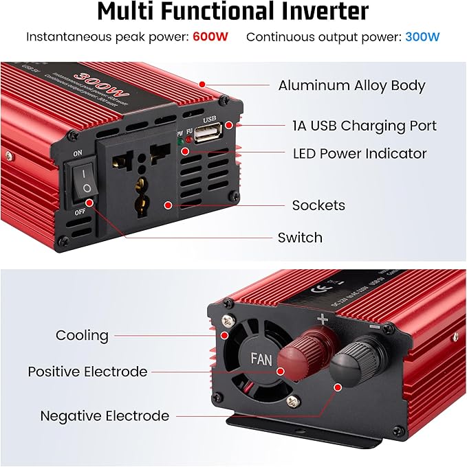 300W Power Inverter DC 12V to 110V AC, Durable Aluminum Housing Car Charger Adapter with 1A USB Charging Port, 1.6ft Car Plug in Cigarette Lighter Outlet for Phone, Laptop