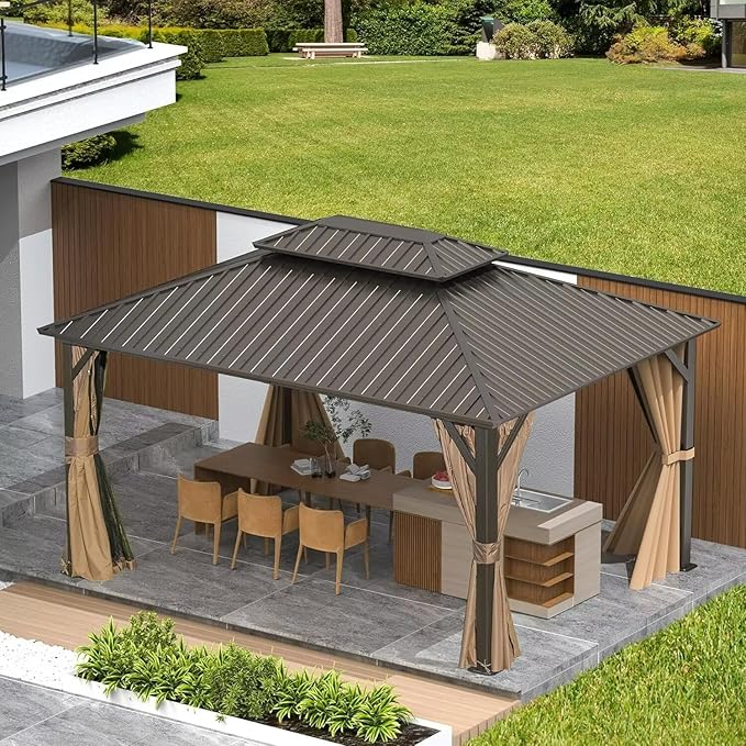 Domi 12'x14' Hardtop Gazebo Canopy Metal,Outdoor Metal Gazebo with Galvanized Steel Double Roof,Curtain and Netting,Permanent Gazebo Pavilion for Patio Deck,Backyard