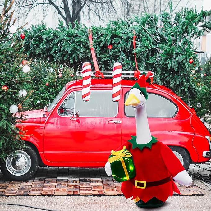 Christmas Toy Soldier Style Porch Goose Outfits,2 Pcs/Set Goose Clothes with Pointed Hat and Gift Box Fits 23" Lawn Goose Statue,Red Christmas Outdoor Goose Costume,Yard Patio Garden Xmas Decor