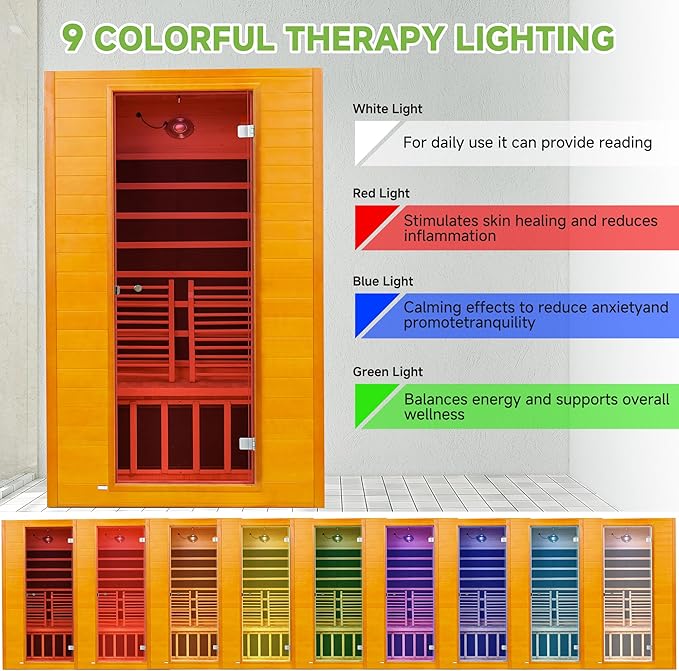 Real Relax Far Infrared Sauna for Home, 2 Person Indoor Home Sauna with Low Emf Red Light Therapy, Canadian Hemlock Wooden Dry Saunas Room with Bluetooth Speakers, 9-Color Chromotherapy Lights