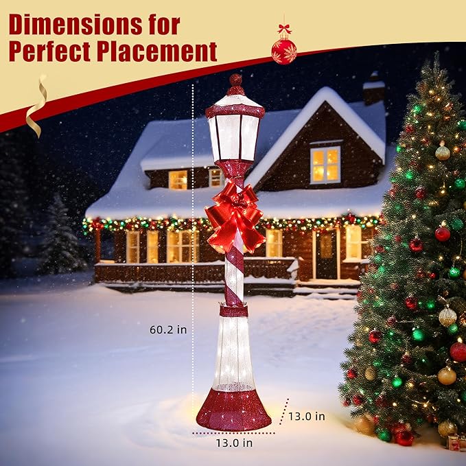 60-Inch Outdoor Christmas Decorations Outdoor Lighted Lamp Post 3D Lamppost LED Lighted Post Christmas Decoration with 128 LED Lights & Bow Holiday Decorations for Yard, Porch, Patio