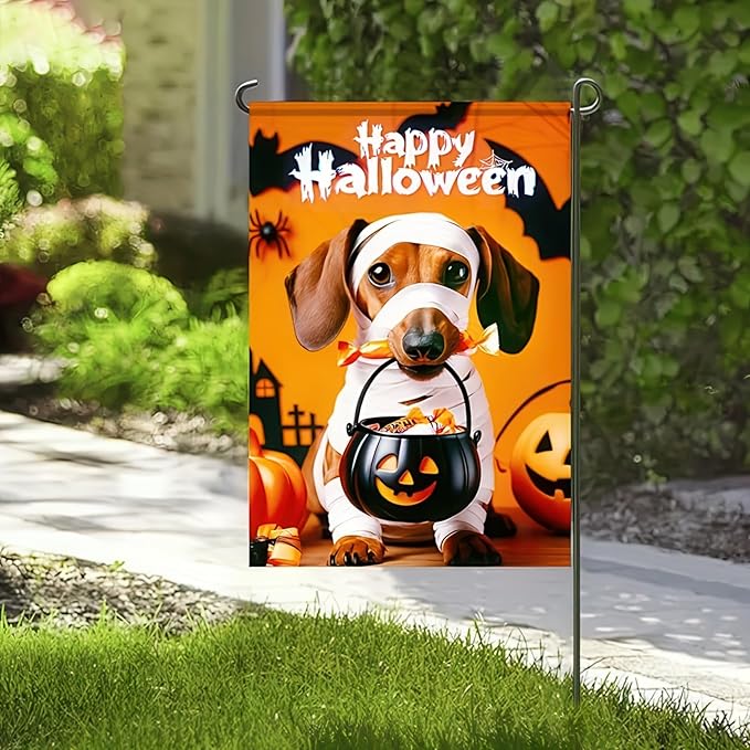 Halloween Decorations Outdoor Garden Flag 12x18 Inch Double Sided Dachshund Dog Pumpkin Ghost Skeleton Fall Decor Yard Lawn Porch Patio Banner Halloween Garden Flags