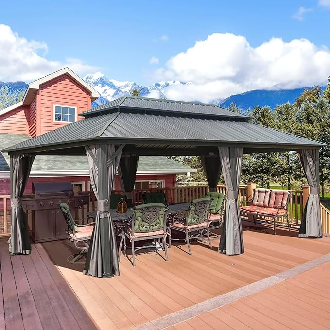 Domi 12’ X 20’ Hardtop Gazebo Canopy with Netting & Curtains, Outdoor Metal Gazebo with Galvanized Steel Double Roof for Patio Lawn and Garden, Gray
