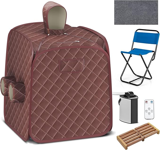 COSTWAY Portable Steam Sauna, Remote Control, 3L Steamer, Foldable Sauna Spa with 9 Temperature and 90 Mins Timer, Atomization, Personal Sauna Hat Tent for Detox Relaxation (Coffee)