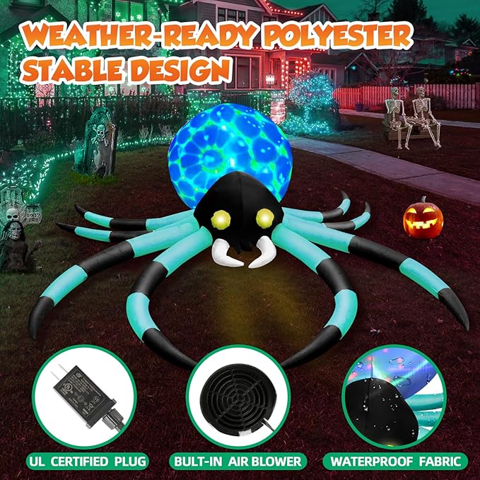 12Ft Giant Halloween Inflatables Spider Built-in 7-Color-Shifting Eyes & 3-Effect-Flashing Belly, Large Halloween Decorations Outdoor Huge Blow Up Yard Decorations Blowups for Holiday- 1PCS（Cyan）